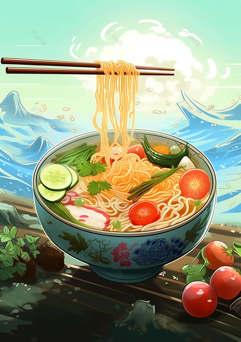 绿色湖泊中一碗面条番茄黄瓜插画,插画/手绘图,插画/手绘图库,插画/手绘图下载,插画/手绘